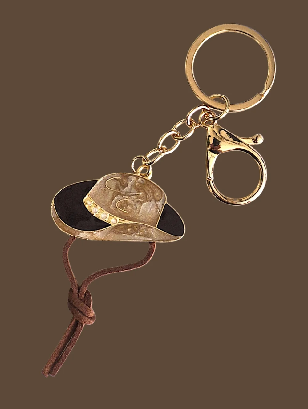 Western Cowboy Hat Bag Charm / Keychain with Brown Suede Tassel